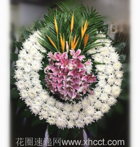 同心生死-玫瑰，菊花，天堂鸟，绿叶组合花圈，按图订制，规格：直径约为1米，高约为1.6米<葬礼花圈>